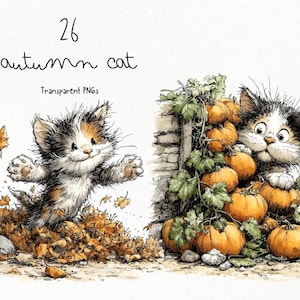 May include: A watercolour illustration of a kitten with black, white, and orange fur, playing in autumn leaves. The image includes pumpkins and the text "26 autumn cat Transparent PNGs."