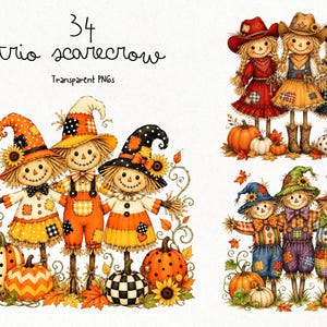 Könnte beinhalten: Eine digitale Sammlung von 34 Vogelscheuchen-Trio-Illustrationen mit farbenfroher Patchwork-Kleidung, Hüten und Strohakzenten. Die Designs zeigen Kürbisse, Sonnenblumen und Herbstblätter und werden als transparente PNG-Dateien bereitgestellt.