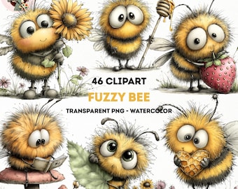 Grillige bij clipart png, schattige fuzzy aquarel bijen (46 png) (digitale download)