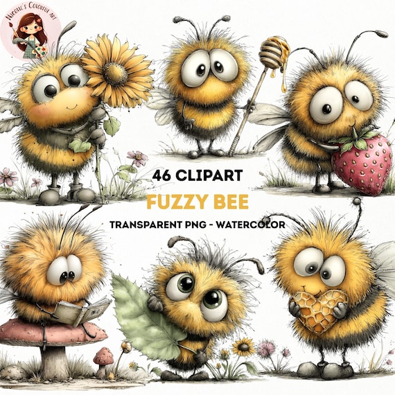 Whimsical Bee Clipart PNG, Cute Fuzzy Watercolor Bees (46 PNG)(Digital Download)