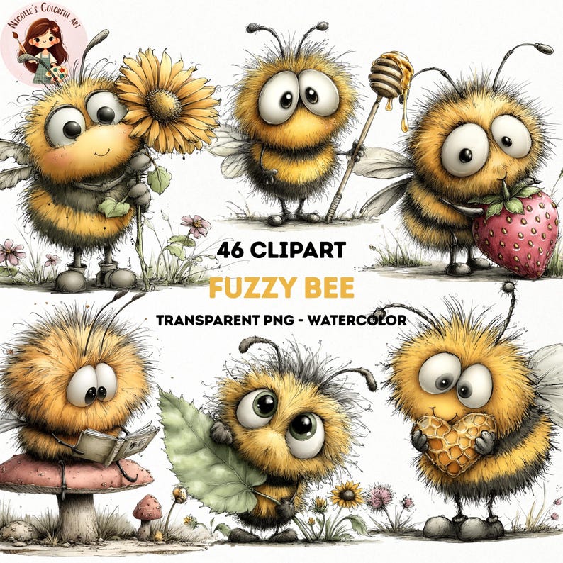 Whimsical Bee Clipart PNG, Cute Fuzzy Watercolor Bees (46 PNG)(Digital Download) image 1
