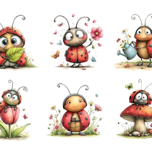 Op de afbeelding: Zes aquarel illustraties van cartoon lieveheersbeestjes in verschillende poses. De lieveheersbeestjes zijn rood met zwarte stippen en hebben expressieve gezichten. Sommige houden bloemen, bladeren of gieters vast, andere staan in de buurt van paddenstoelen en vlinders.
