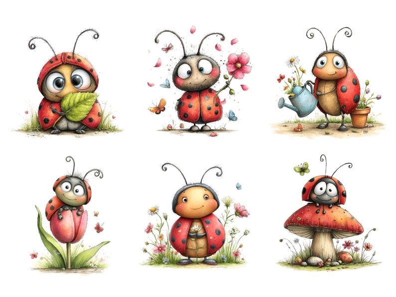 Op de afbeelding: Zes aquarel illustraties van cartoon lieveheersbeestjes in verschillende poses. De lieveheersbeestjes zijn rood met zwarte stippen en hebben expressieve gezichten. Sommige houden bloemen, bladeren of gieters vast, andere staan in de buurt van paddenstoelen en vlinders.