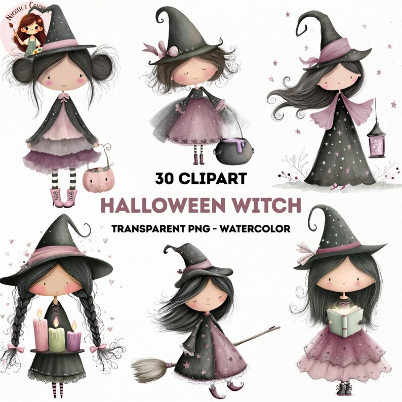 Puede incluir: Conjunto de im&aacute;genes predise&ntilde;adas de acuarela con seis adorables brujas de dibujos animados con trajes negros y rosas. Cada bruja lleva un sombrero puntiagudo y lleva objetos como una linterna, un caldero o una escoba. Tambi&eacute;n se ve el texto "30 Clipart" y "Halloween Witch".