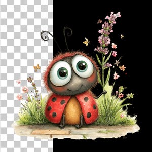 Op de afbeelding: Een grillige illustratie van een cartoon lieveheersbeestje met grote, expressieve ogen en een lachend gezicht. Het lieveheersbeestje heeft een rode schaal met zwarte stippen en is omgeven door bloemen en gras. De achtergrond is zwart en transparant.