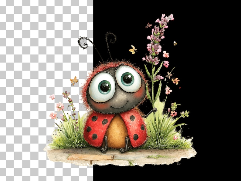 Op de afbeelding: Een grillige illustratie van een cartoon lieveheersbeestje met grote, expressieve ogen en een lachend gezicht. Het lieveheersbeestje heeft een rode schaal met zwarte stippen en is omgeven door bloemen en gras. De achtergrond is zwart en transparant.