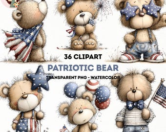 Patriotic Animal Clipart Bundle, 4th of July Watercolor Bear Set (36 PNG)(Digital Download)