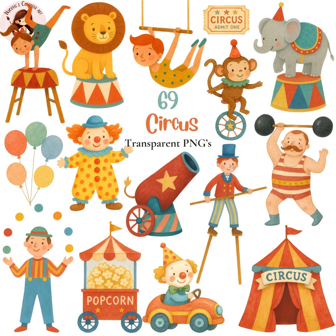 69 Circus Watercolor Clipart PNG, Cute Circus Animals & Performers ...
