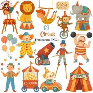 Pode incluir: Ilustrações com tema de circo, incluindo um leão, um palhaço, um acrobata, um elefante, um macaco, um homem forte, um malabarista, uma banca de pipocas e uma tenda de circo. Inclui o texto "69 Circus Transparent PNG's".