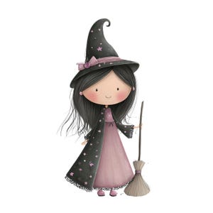 Puede incluir: Ilustraci&oacute;n de una bruja de dibujos animados con pelo largo y negro, que lleva un sombrero negro con estrellas rosas y una capa a juego. Sostiene una escoba y viste un vestido rosa. La bruja tiene mejillas sonrosadas y una dulce sonrisa.