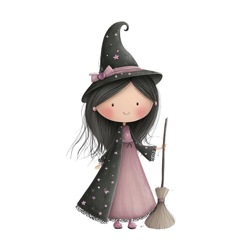 Puede incluir: Ilustraci&oacute;n de una bruja de dibujos animados con pelo largo y negro, que lleva un sombrero negro con estrellas rosas y una capa a juego. Sostiene una escoba y viste un vestido rosa. La bruja tiene mejillas sonrosadas y una dulce sonrisa.
