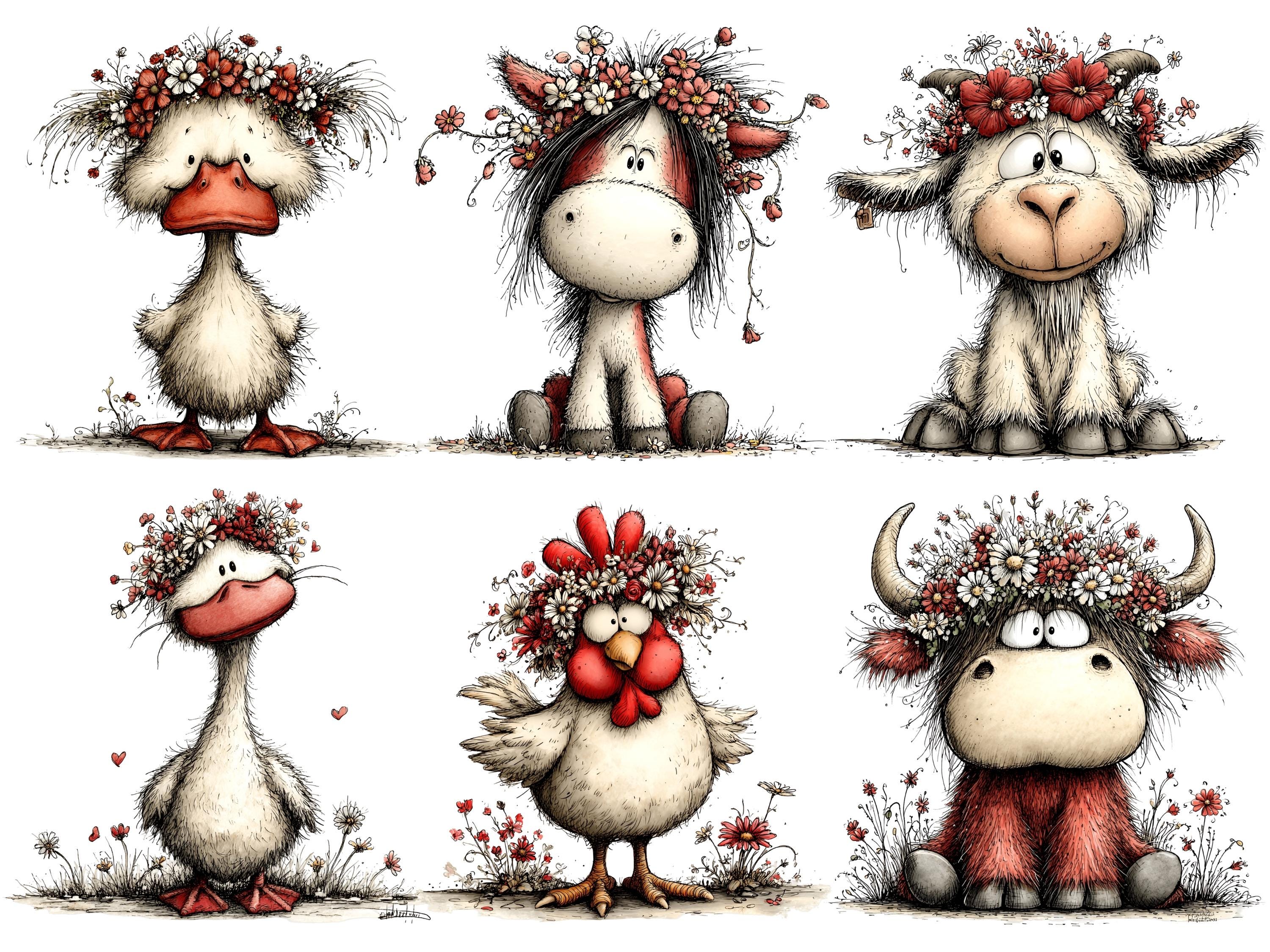 Whimsical Farm Animals Clipart – Floral Spring PNG Set (digital ...