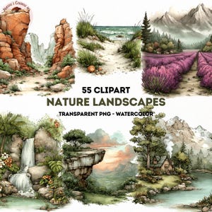 Può includere: Una collezione di immagini clipart di paesaggi naturali ad acquerello. Le immagini includono scene di montagne, spiagge, cascate e campi di lavanda. Il testo sull'immagine recita "55 Clipart Nature Landscapes Transparent PNG - Watercolor."