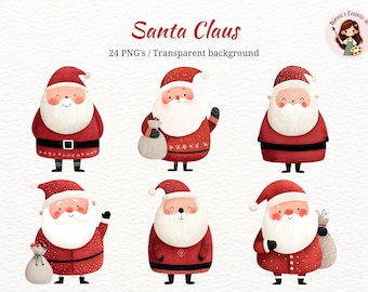 May include: Watercolor illustrations of Santa Claus in various poses. Each Santa wears a red suit with a black belt and a matching hat. Some Santas hold a sack of gifts. The text "Santa Claus" is at the top.