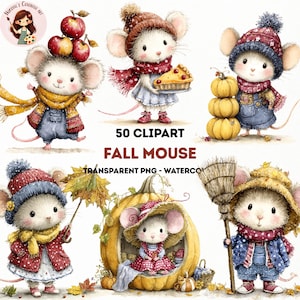 May include: A collection of watercolor illustrations featuring anthropomorphic mice dressed in autumn clothing, including hats and scarves, interacting with seasonal items like pumpkins, apples, a pie, and a broom, with the text 50 CLIPART FALL MOUSE.