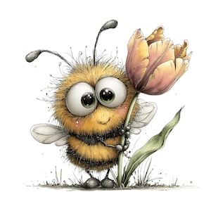 May include: A whimsical illustration of a cartoon bee with large, expressive eyes, holding a peach-colored tulip. The bee is yellow and black, with fluffy fur and small wings. The artwork is set against a white background, with subtle grass details.