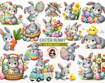 Watercolor Easter Bunny Clipart Set, Bunny with Eggs (Digital Download)