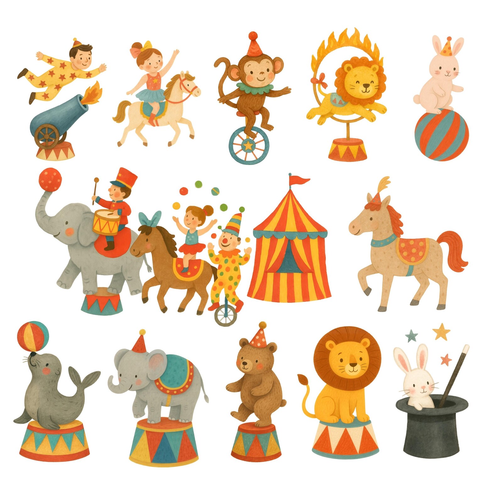 69 Circus Watercolor Clipart PNG, Cute Circus Animals & Performers ...