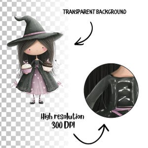 Puede incluir: Ilustraci&oacute;n de una bruja de dibujos animados con pelo largo negro, que lleva un sombrero de bruja negro con detalles rosas y un vestido negro con ribete rosa. Sostiene una magdalena en cada mano. Texto: "Transparent Background" y "High resolution 300 DPI".