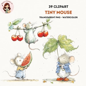 May include: Watercolor clipart set featuring four tiny mice in various poses. One mouse hangs from a branch with cherries, another holds a watermelon slice, and a third uses a leaf as an umbrella. The text reads "39 Clipart Tiny Mouse Transparent PNG - Watercolor."