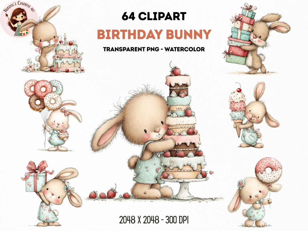 Watercolor Birthday Bunny Clipart / Pastel Happy Birthday Clip Art ...