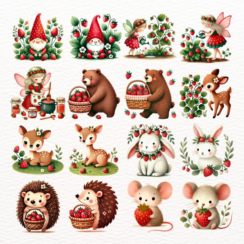 Strawberry Fairy Clipart Bundle, Whimsical Berry Cottagecore PNGs (Digital Download) image 3