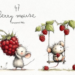 May include: A digital illustration set featuring 47 berry mouse transparent PNGs. One mouse holds a large red raspberry, while another sits on a wooden swing suspended from raspberry vines. The text reads 47 berry mouse Transparent PNGs.