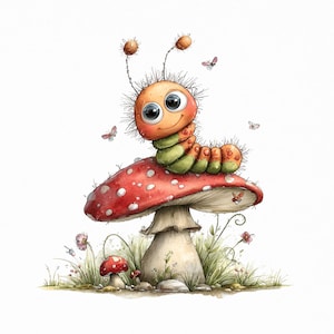 May include: A whimsical watercolor illustration of a cartoon caterpillar with a smiling face, perched atop a red mushroom with white spots. The caterpillar is orange and green, surrounded by butterflies and small flowers, set against a white background.