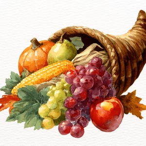 May include: A watercolour illustration of a cornucopia filled with autumn harvest produce. The horn of plenty contains a pumpkin, pear, corn, red and green grapes, and a red apple. Green leaves and a brown leaf are at the base of the horn.