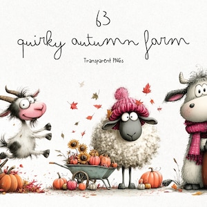 May include: Digital illustration set titled 63 quirky autumn farm Transparent PNGs featuring a cartoon goat, a sheep in a pink knit hat, and a cow leaning against a large pumpkin, surrounded by smaller pumpkins, sunflowers, and falling leaves.