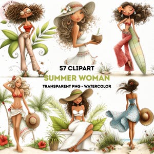 Peut inclure: Clipart aquarelle avec six illustrations de femmes en tenues d'été. Les images incluent des femmes en bikinis, robes et chapeaux, avec un feuillage tropical. Le texte sur l'image indique "57 Clipart Summer Woman Transparent PNG - Watercolor."