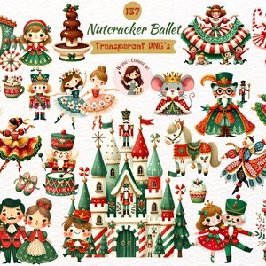 May include: A collection of whimsical Nutcracker Ballet themed digital clip art. The illustrations feature characters, a castle, a horse, and a clock, all in a festive colour palette of red, green, and gold. The text "Nutcracker Ballet Transparent PNG's" is visible.