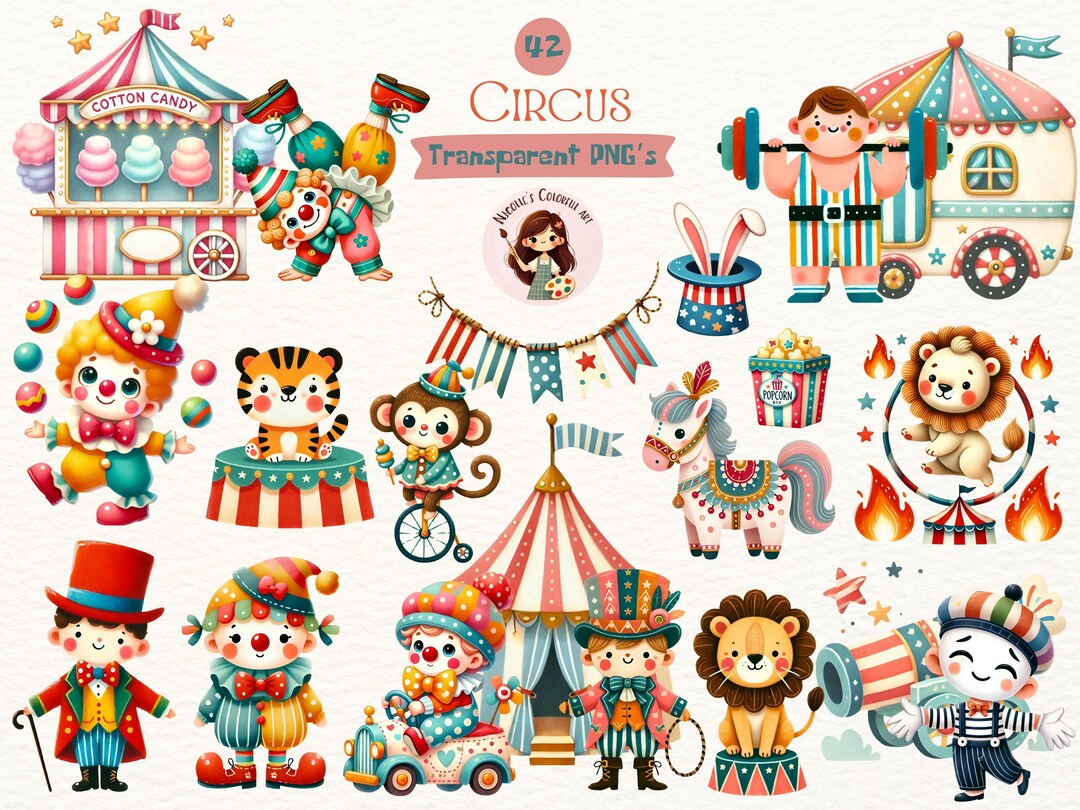 Whimsical Circus Clipart Bundle | Carnival Animals Watercolor PNG Set ...