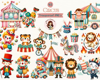 Circus Watercolor Clipart: Carnival Animals, Tent, and Performers (20 ...