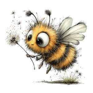 May include: A whimsical illustration of a fluffy bee with large eyes, holding a dandelion. The bee is yellow and black, with delicate wings and antennae. Dandelion seeds float in the air, and a small patch of grass is at the bottom.