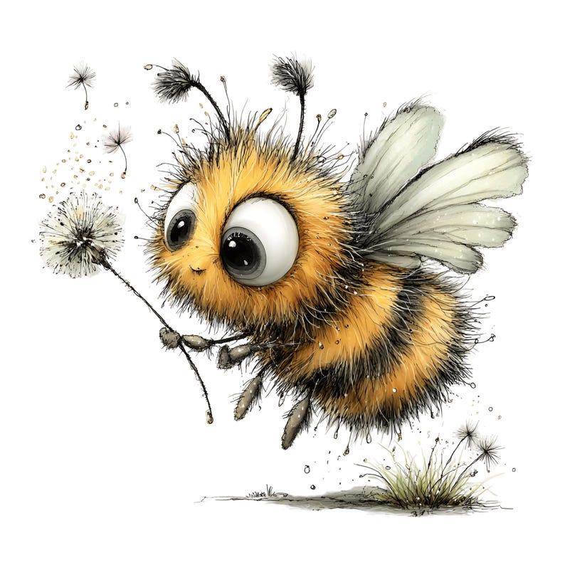 May include: A whimsical illustration of a fluffy bee with large eyes, holding a dandelion. The bee is yellow and black, with delicate wings and antennae. Dandelion seeds float in the air, and a small patch of grass is at the bottom.