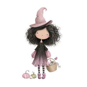 Puede incluir: Ilustraci&oacute;n de una joven bruja con cabello rizado oscuro, que lleva un sombrero de bruja rosa y un vestido negro y rosa. Sostiene una cesta de caramelos y est&aacute; de pie cerca de dos calabazas. La obra de arte tiene un estilo caprichoso.