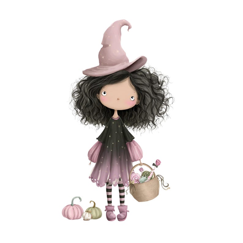 Puede incluir: Ilustraci&oacute;n de una joven bruja con cabello rizado oscuro, que lleva un sombrero de bruja rosa y un vestido negro y rosa. Sostiene una cesta de caramelos y est&aacute; de pie cerca de dos calabazas. La obra de arte tiene un estilo caprichoso.
