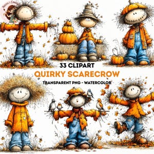 May include: A collection of whimsical scarecrow clipart images. Each scarecrow is depicted in a watercolor style, wearing orange jackets, blue overalls, and straw hats. The text "33 Clipart Quirky Scarecrow Transparent PNG - Watercolor" is included.