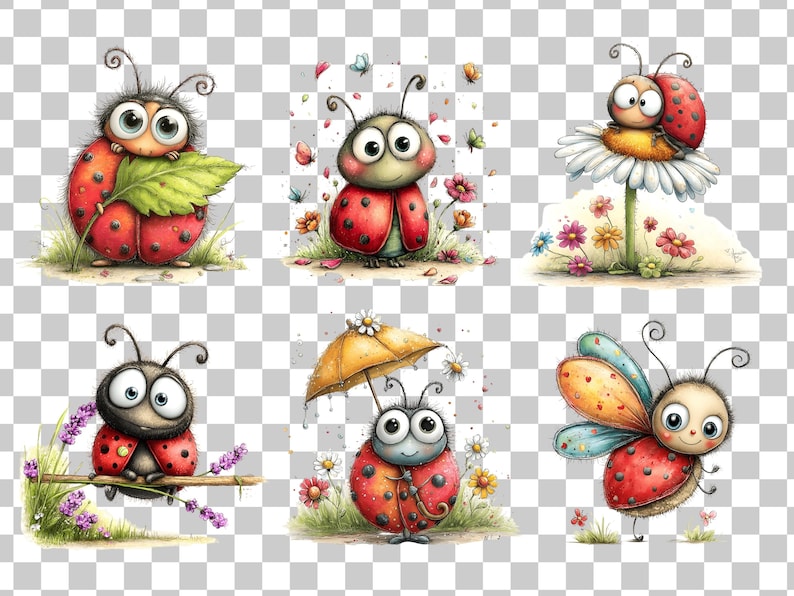 55 lieveheersbeestje png-afbeeldingen | Leuke bundel aquarellieveheersbeestjes | Insectenillustratieset lentetuin voor knutselen (digitale download) afbeelding 6