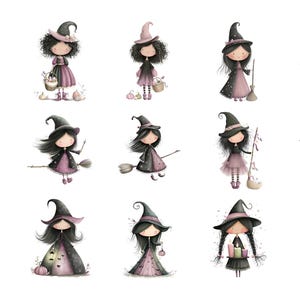 Puede incluir: Una colecci&oacute;n de ilustraciones en acuarela con lindos personajes de brujas. Cada bruja est&aacute; representada con un sombrero y un vestido de bruja negros, con detalles en rosa. Algunas brujas sostienen escobas, calabazas o linternas, creando un tema de Halloween caprichoso.