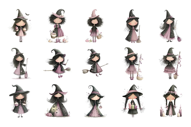 Puede incluir: Una colecci&oacute;n de ilustraciones en acuarela con lindos personajes de brujas. Cada bruja est&aacute; representada con un sombrero y un vestido de bruja negros, con detalles en rosa. Algunas brujas sostienen escobas, calabazas o linternas, creando un tema de Halloween caprichoso.