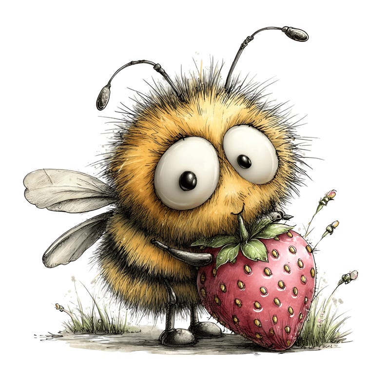 May include: A whimsical illustration of a cartoon bee with large eyes, holding a ripe red strawberry. The bee is yellow and black, with fluffy fur and small wings. The strawberry has green leaves and seeds. The background is white with grass.