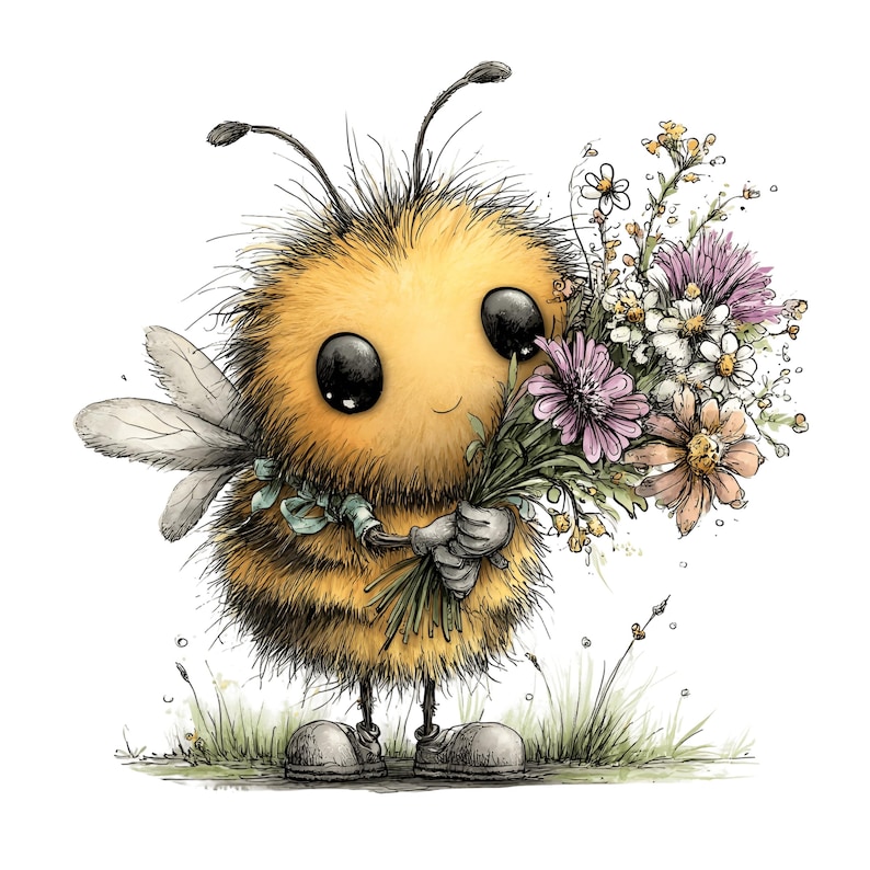 Whimsical Bee Clipart PNG, Cute Fuzzy Watercolor Bees (46 PNG)(Digital Download) image 9