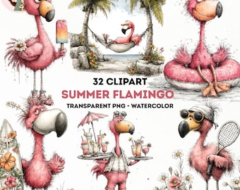 Grillige zomer flamingo clipart png, aquarel flamingo bundel (32 bestanden) (digitale download)