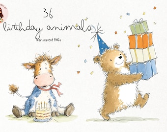 May include: Watercolor illustration of two birthday animals. A cow with a birthday cake and a bear with gifts. The image includes the text "36 birthday animals transparent PNGs."