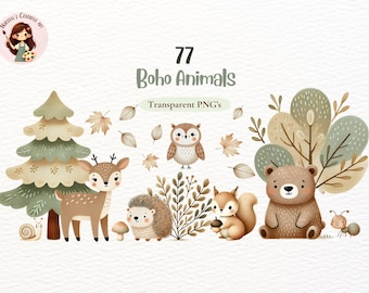 Boho Woodland Animals Clipart | Watercolor Forest PNG Set (Digital Download)