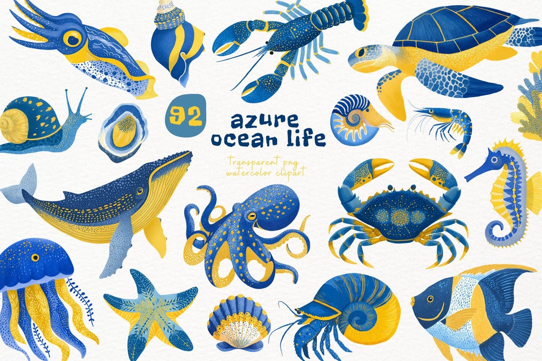 Azure Ocean Life Watercolor Clipart – Blue Coastal Sea Animals PNG ...