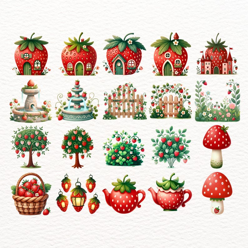 Strawberry Fairy Clipart Bundle, Whimsical Berry Cottagecore PNGs (Digital Download) image 5