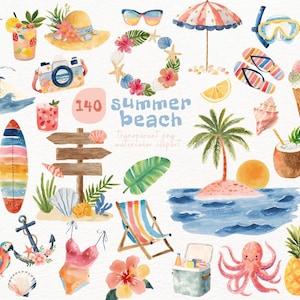 May include: Watercolor illustrations of summer beach items, including a lighthouse, surfboard, sunglasses, and a flamingo float. The image also features a sign that says "summer beach" and a number "140".